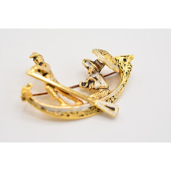 Vintage Oriental Boat Damascene Pin Brooch Tourist Gold Spain Signed 1980s BinJ - Picture 10 of 12